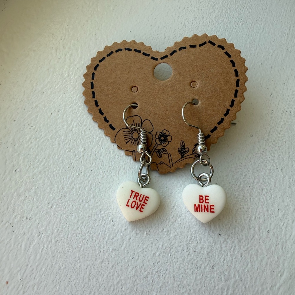 Handmade Conversational Heart-Shaped White Earrings with‎ Red Text ‘True Love’